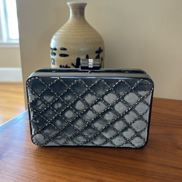 Banana Republic suede gray clutch with crisscross beading. - Picture 1 of 4